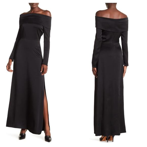 THEORY Kensington Off Shoulder Elegant Gown Maxi Dress Black Sz 0 {OO46} - Picture 1 of 2